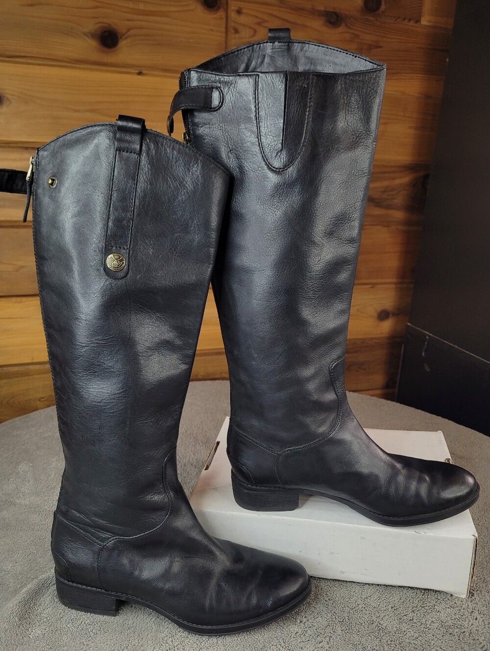 Sam Edelman Penny Black Leather Knee High Boots Womens 6.5 Tall Riding Full Zip